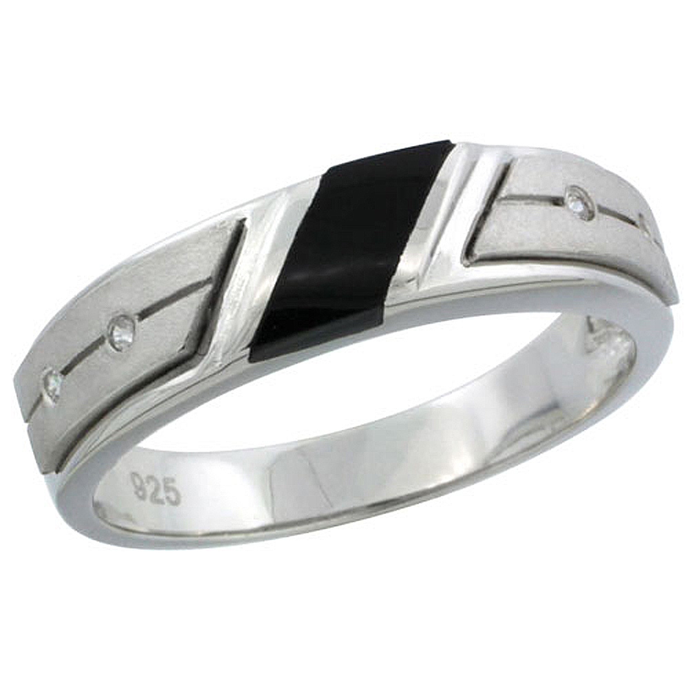 Sterling Silver Cubic Zirconia Mens Wedding Band Ring Black Onyx, 7/32 inch wide