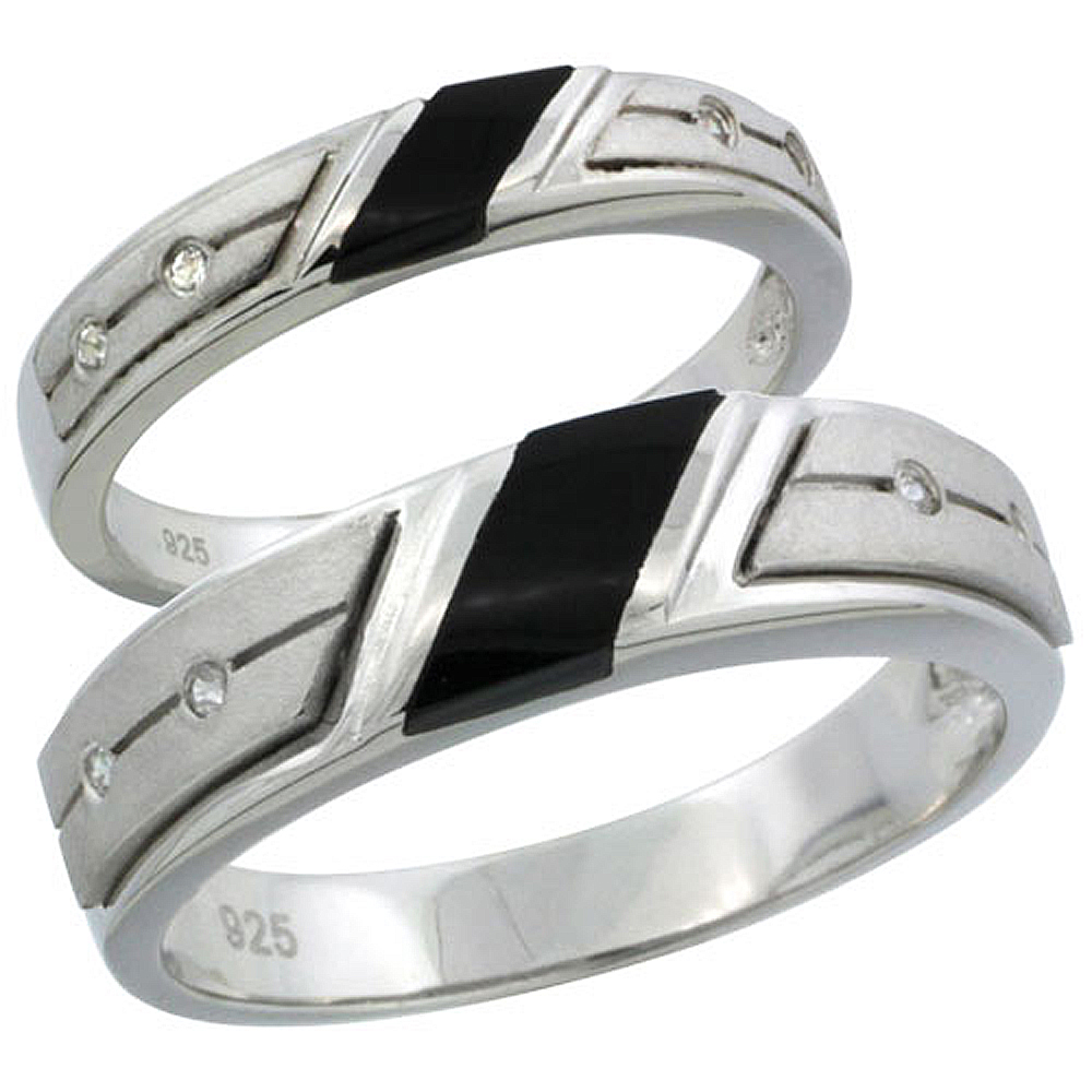 Sterling Silver Cubic Zirconia Wedding Band Ring 2-Piece Set 5.5 mm Him &amp; Hers 3.5 mm Black Onyx, Sizes M 8-14 L 5-10
