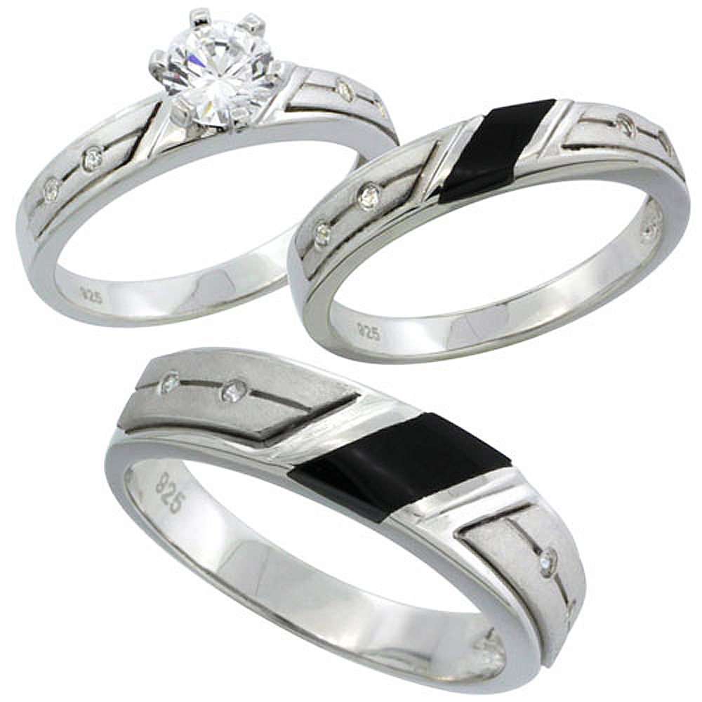 STERLING SILVER CUBIC ZIRCONIA TRIO ENGAGEMENT WEDDING RING SET FOR HIM AND HER 5.5 MM BLACK ONYX, L 5 - 10 & M 8 - 14
