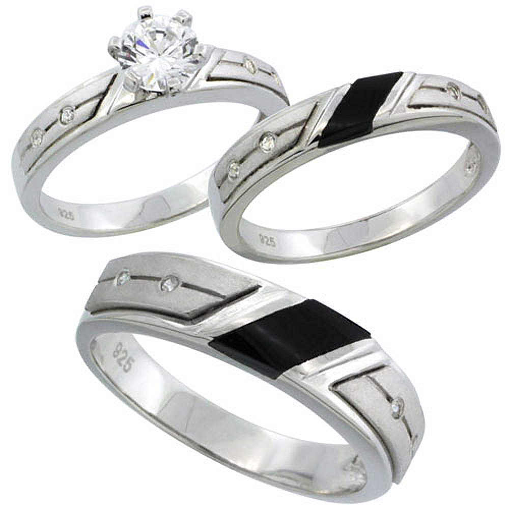 Sterling Silver Cubic Zirconia Trio Engagement Wedding Ring Set for Him and Her 5.5 mm Black Onyx, L 5 - 10 & M 8 - 14