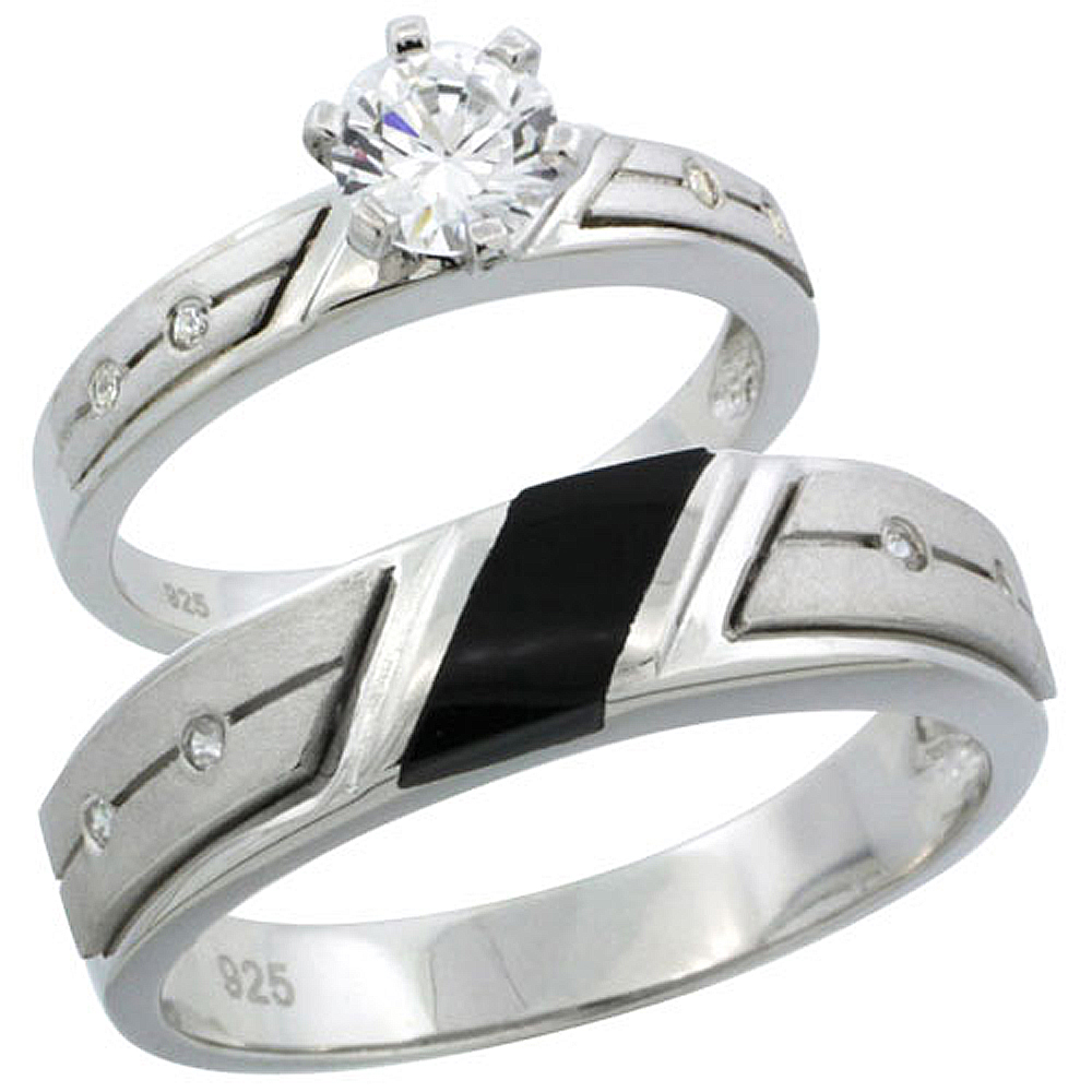 Sterling Silver Cubic Zirconia Engagement Rings Set for Him & Her 3/4 ct size Man's Wedding Band )