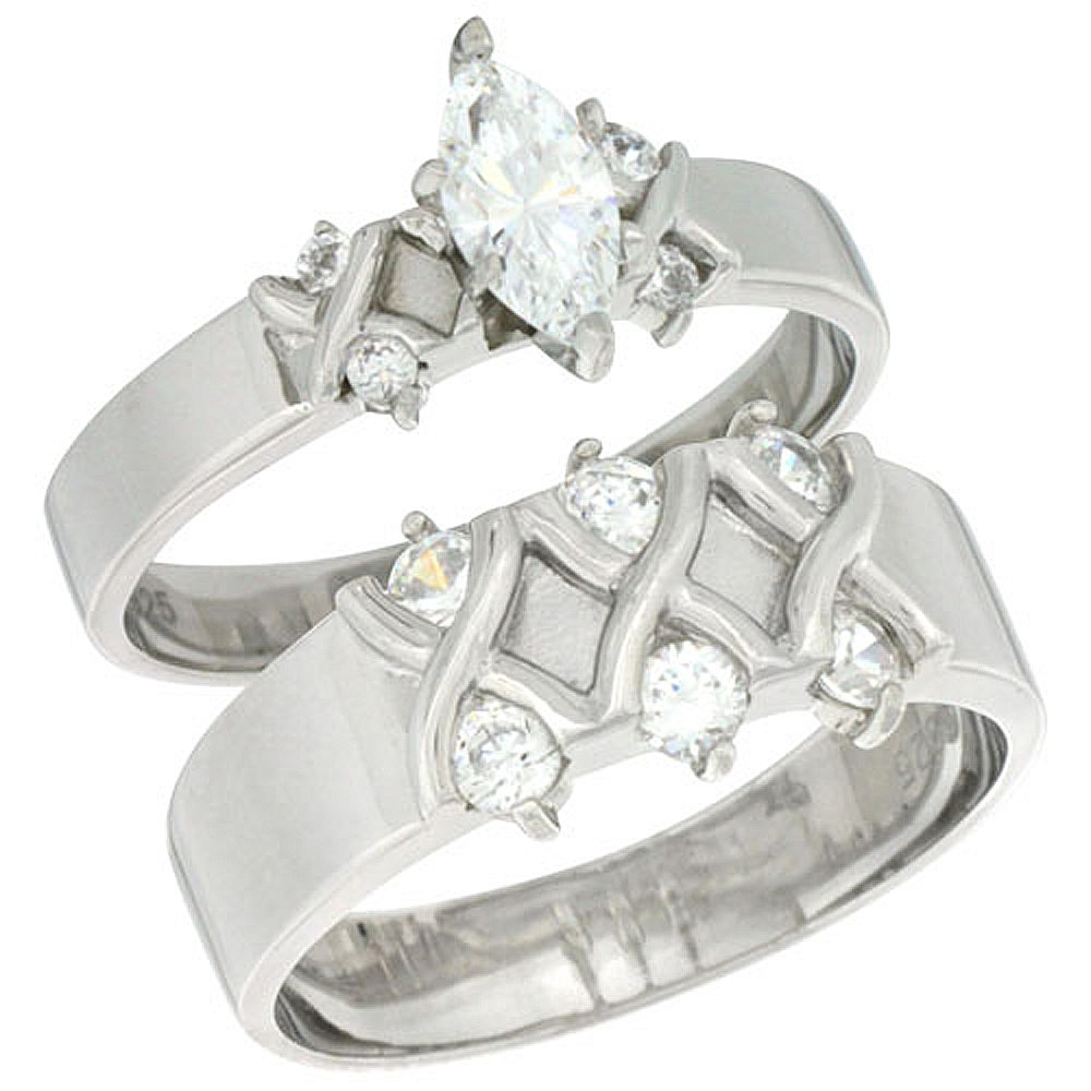 Sterling Silver Cubic Zirconia Engagement Rings Set for Him &amp; Her Marquise Cut 3/8 inch wide, sizes L 5-10 M 8-14