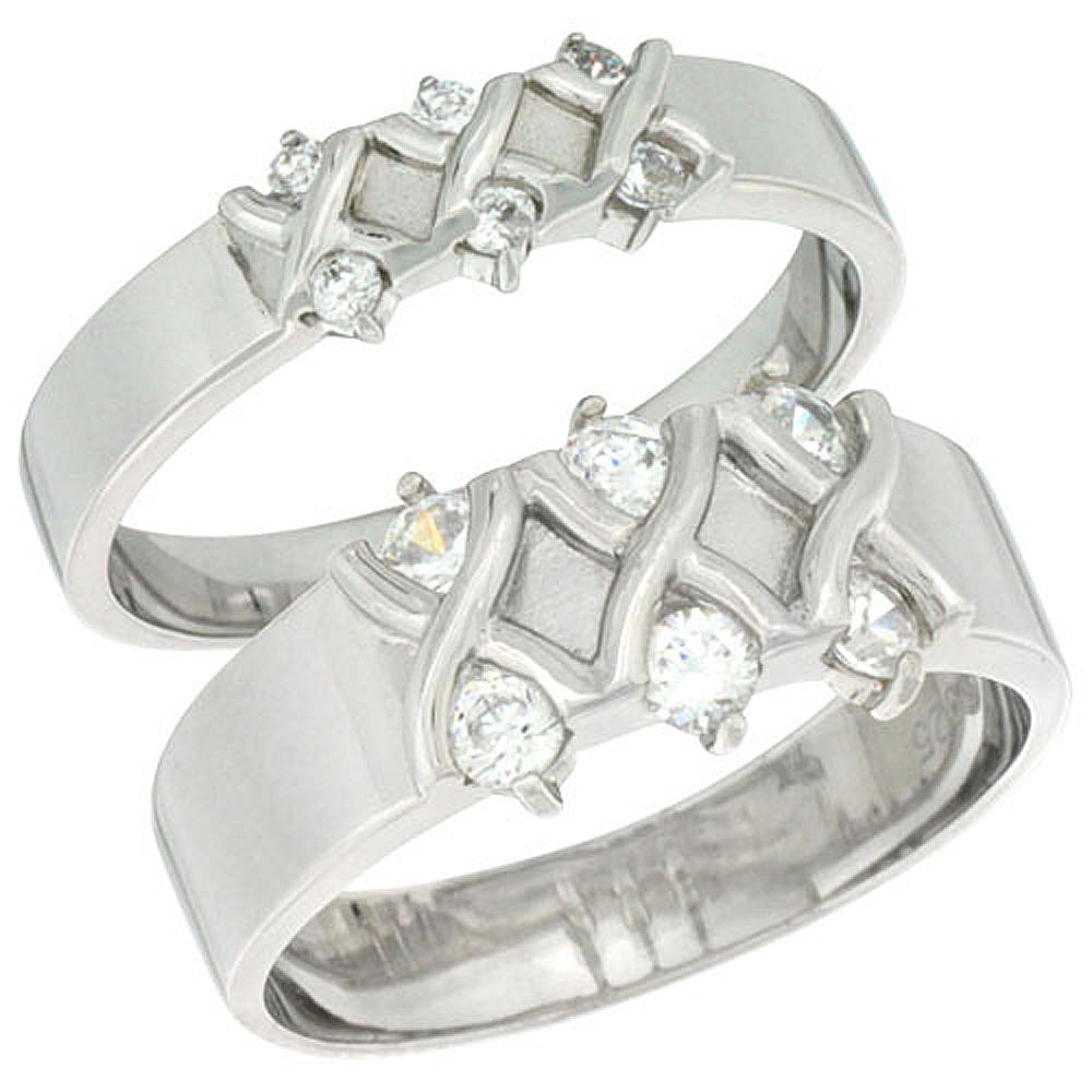 Sterling Silver Cubic Zirconia 2-Piece Wedding Ring Set for Him 9mm 3/8 inch wide & Her 5mm 3/16 inch wide, sizes L 5 - 10 & M 8