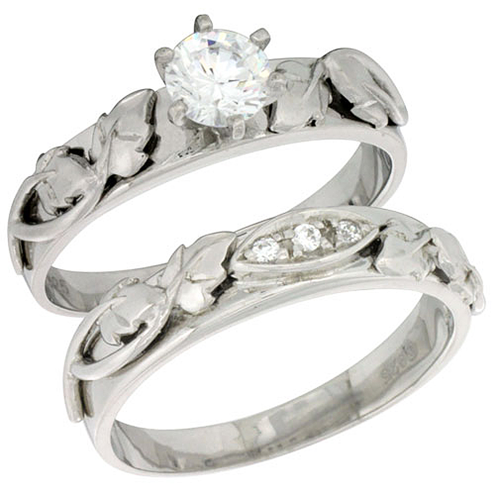 Sterling Silver Cubic Zirconia Ladies� Engagement Ring Set 2-Piece, 3/16 inch wide