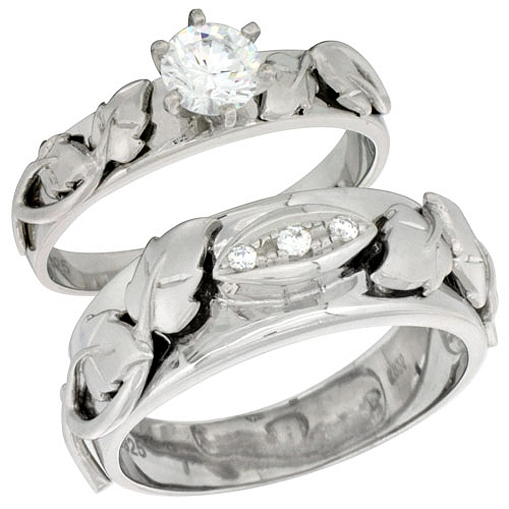 Sterling Silver Cubic Zirconia Engagement Rings Set for Him & Her Round Brilliant Cut 5/16 inch wide, sizes L 5-10 M 8-14