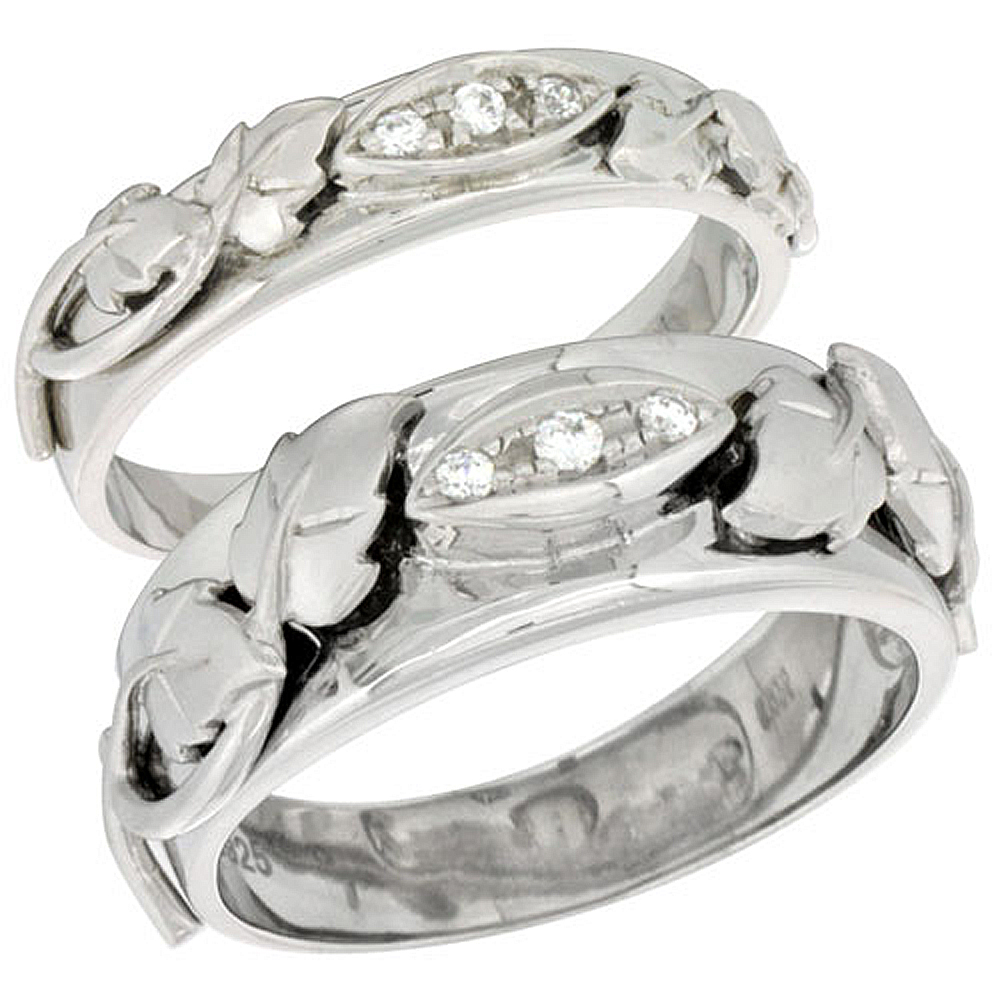 Sterling Silver Cubic Zirconia 2-Piece Wedding Ring Set for Him 8mm 5/16 inch wide &amp; Her 5mm 3/16 inch wide, sizes L 5 - 10 &amp; M 8 - 14
