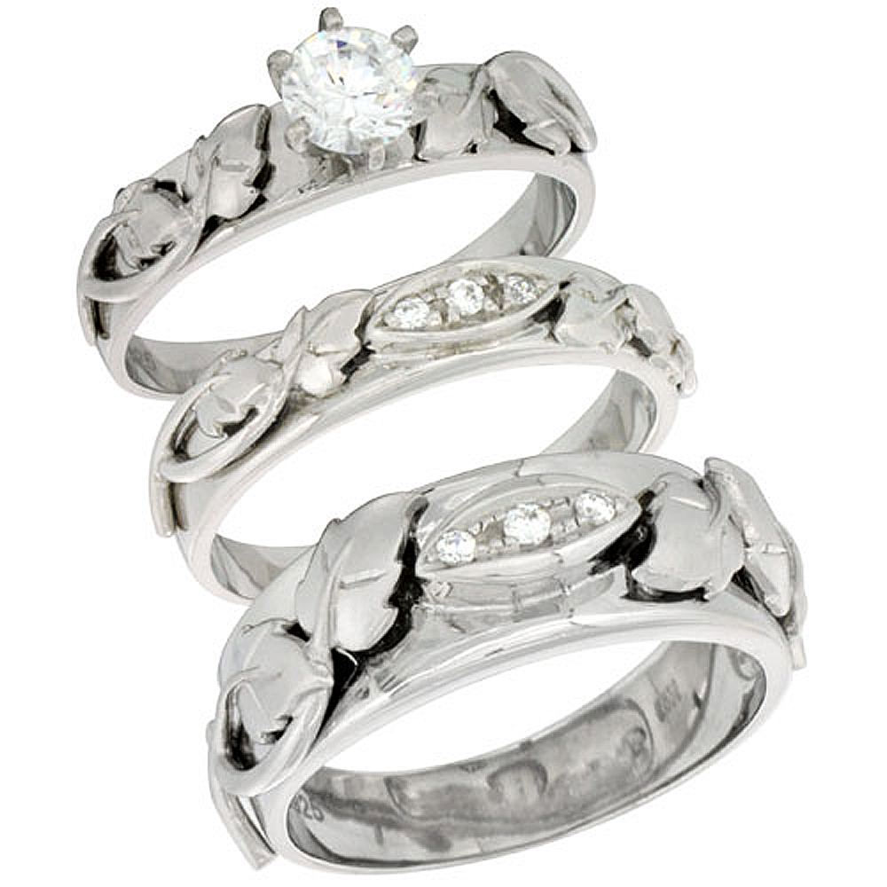 Sterling Silver Cubic Zirconia Trio Engagement Wedding Ring Set for Him and Her, men's band 5/16 inch wide, L 5 - 10 & M 8 - 14