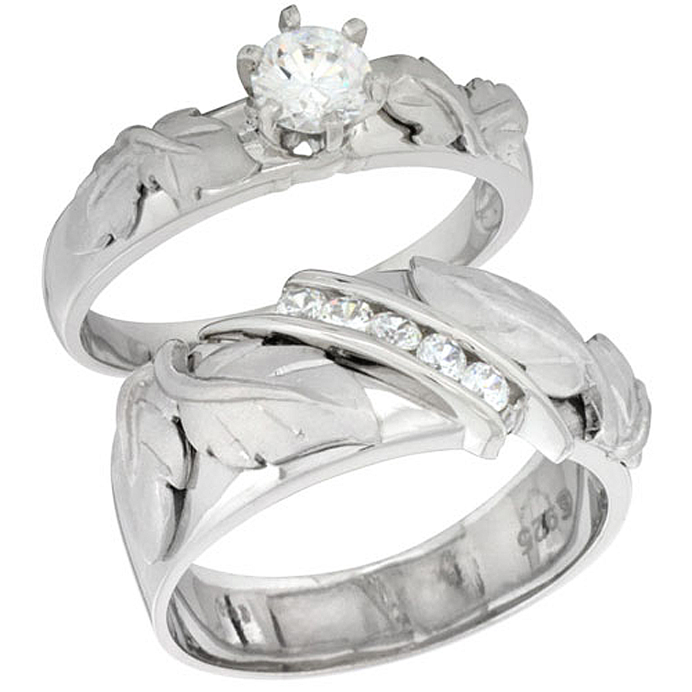 Sterling Silver Cubic Zirconia Engagement Rings Set for Him & Her Round, Brilliant Cut 3/8 inch wide, sizes L 5-10 M 8-14