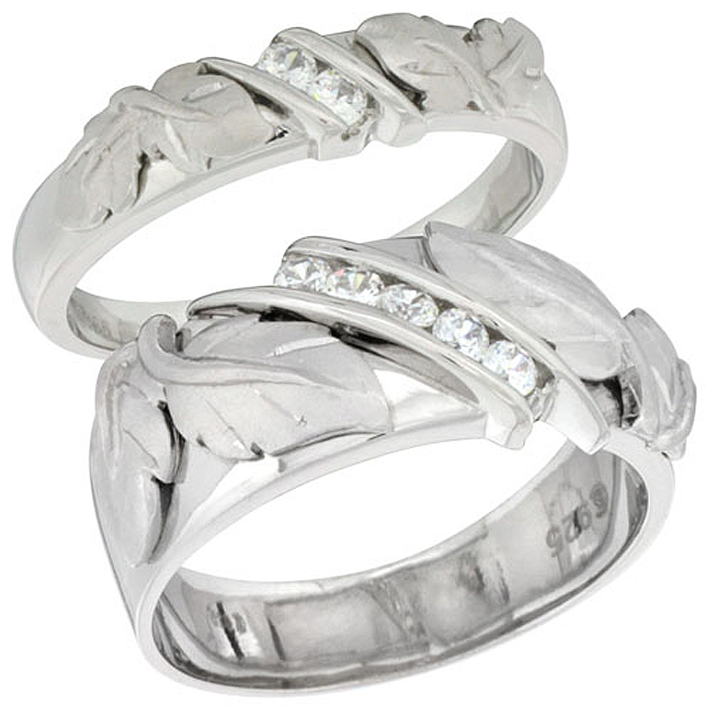 Sterling Silver Cubic Zirconia 2-Piece Wedding Ring Set for Him 9mm 3/8 inch wide & Her 5mm 3/16 inch wide, sizes L 5 - 10 & M 8