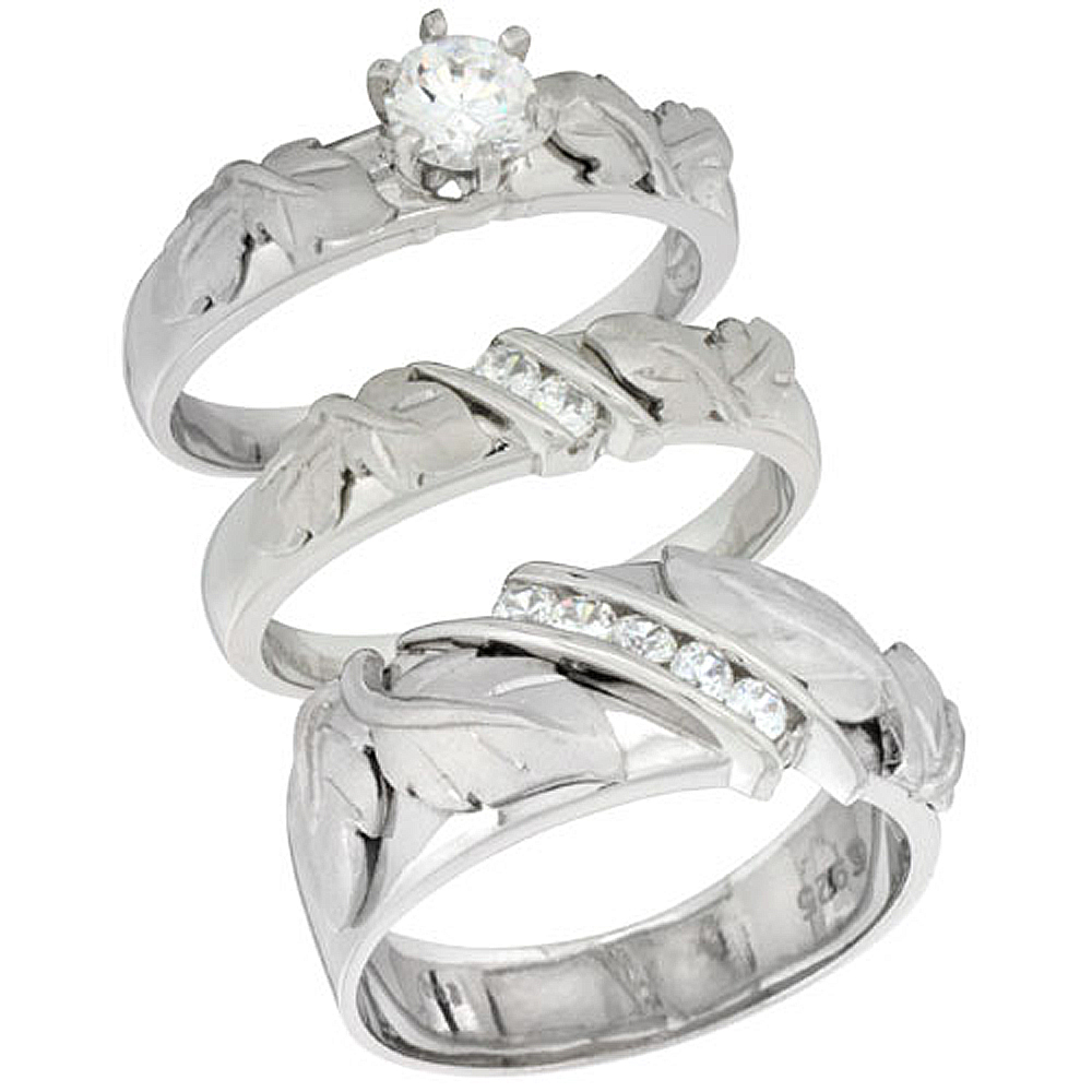 STERLING SILVER CUBIC ZIRCONIA TRIO ENGAGEMENT WEDDING RING SET FOR HIM AND HER, MEN'S BAND 3/8 INCH WIDE, L 5 - 10 & M 8 - 14