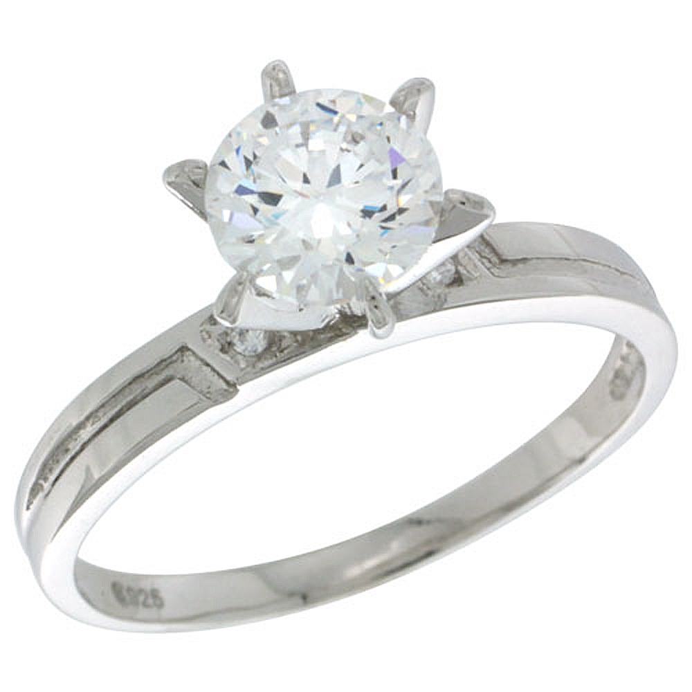 Sterling Silver Cubic Zirconia Solitaire Engagement Ring 3 ct size Brilliant Cut 5/32 inch