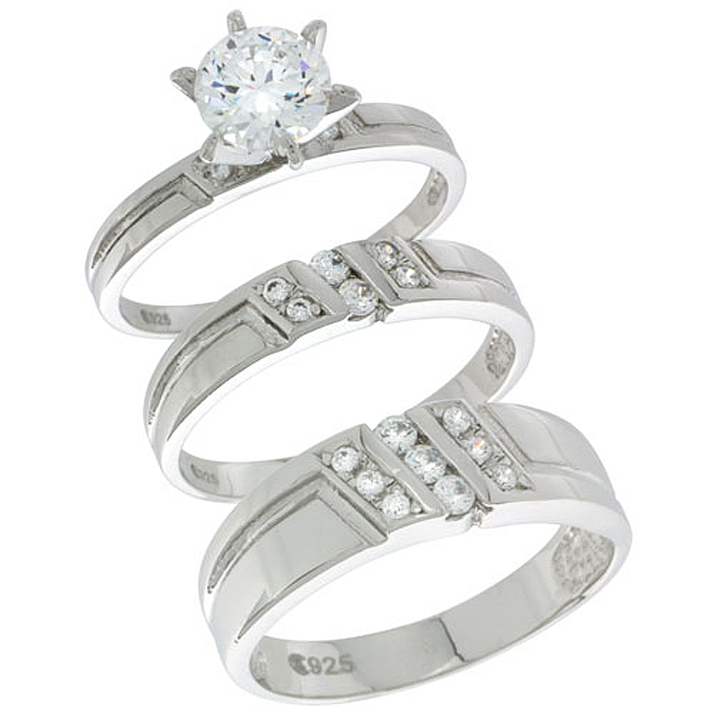 STERLING SILVER CUBIC ZIRCONIA TRIO ENGAGEMENT WEDDING RING SET FOR HIM AND HER, MEN'S BAND 1/4 INCH WIDE, L 5 - 10 & M 8 - 14