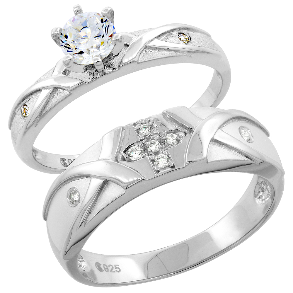 Sterling Silver Cubic Zirconia Engagement Rings Set for Him &amp; Her Round, Brilliant Cut 1/4 inch wide, sizes L 5-10 M 8-14