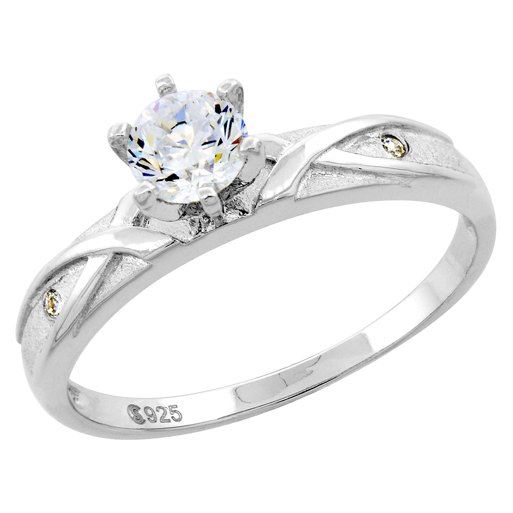 Sterling Silver Cubic Zirconia Solitaire Engagement Ring 0.85 ct size Brilliant Cut 1/8 inch wide