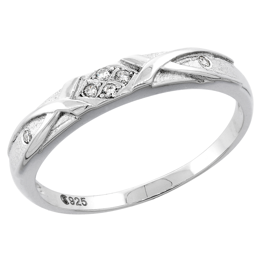 Sterling Silver Cubic Zirconia Ladies&#039; Wedding Band Ring, 1/8 inch wide