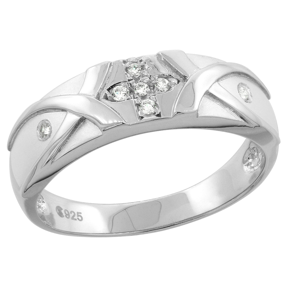 Sterling Silver Cubic Zirconia Mens Mens Wedding Band Ring 1/4 inch wide