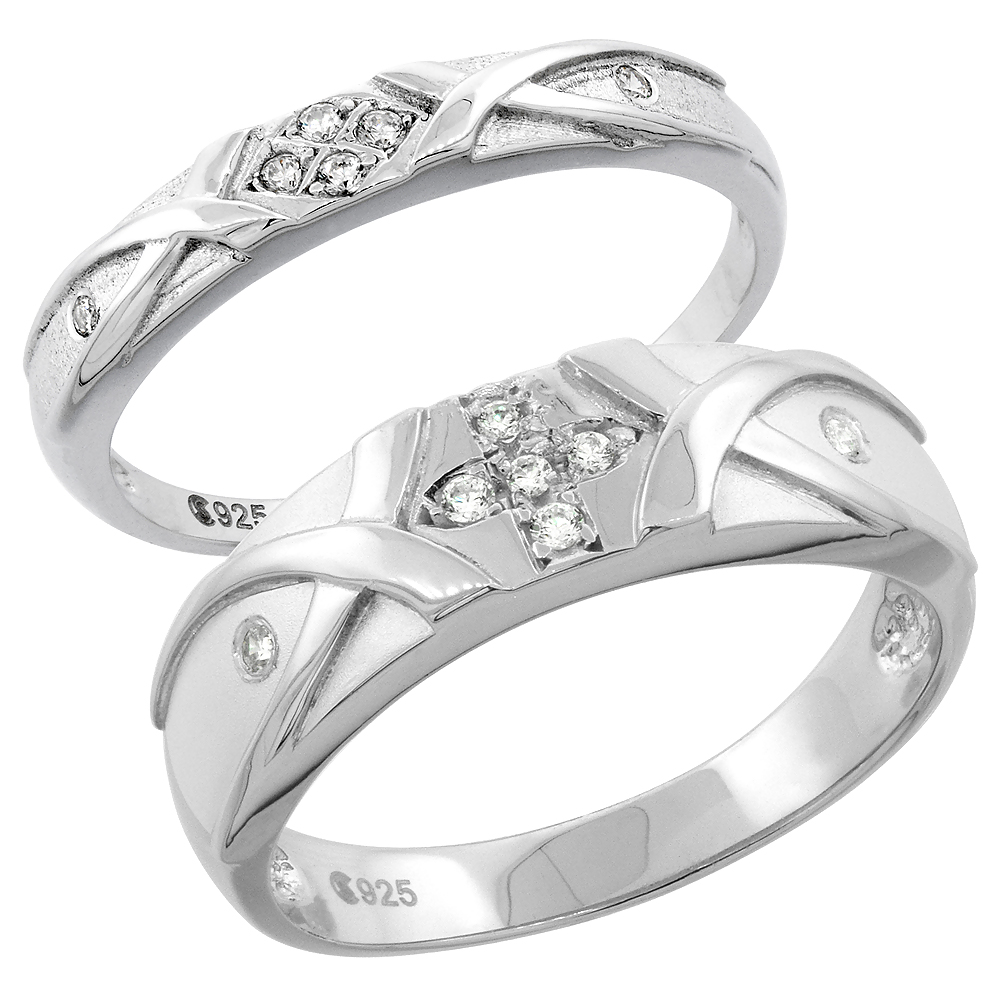 Sterling Silver Cubic Zirconia 2-Piece Wedding Ring Set for Him 6mm 1/4 inch wide &amp; Her 3mm 1/8 inch wide, sizes L 5 - 10 &amp; M 8 