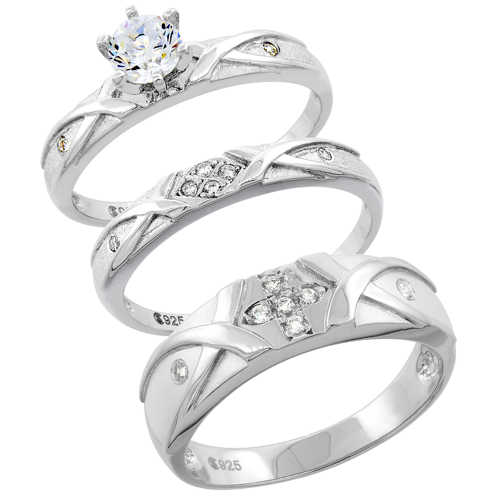 STERLING SILVER CUBIC ZIRCONIA TRIO ENGAGEMENT WEDDING RING SET FOR HIM AND HER, MEN'S BAND 1/4 INCH WIDE, L 5 - 10 & M 8 - 14