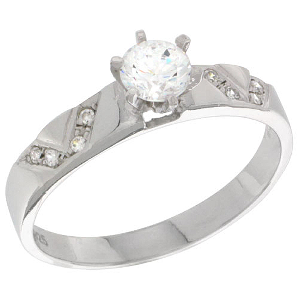 Sterling Silver Cubic Zirconia Solitaire Engagement Ring 0.85 ct size Brilliant Cut 1/8 inch wide