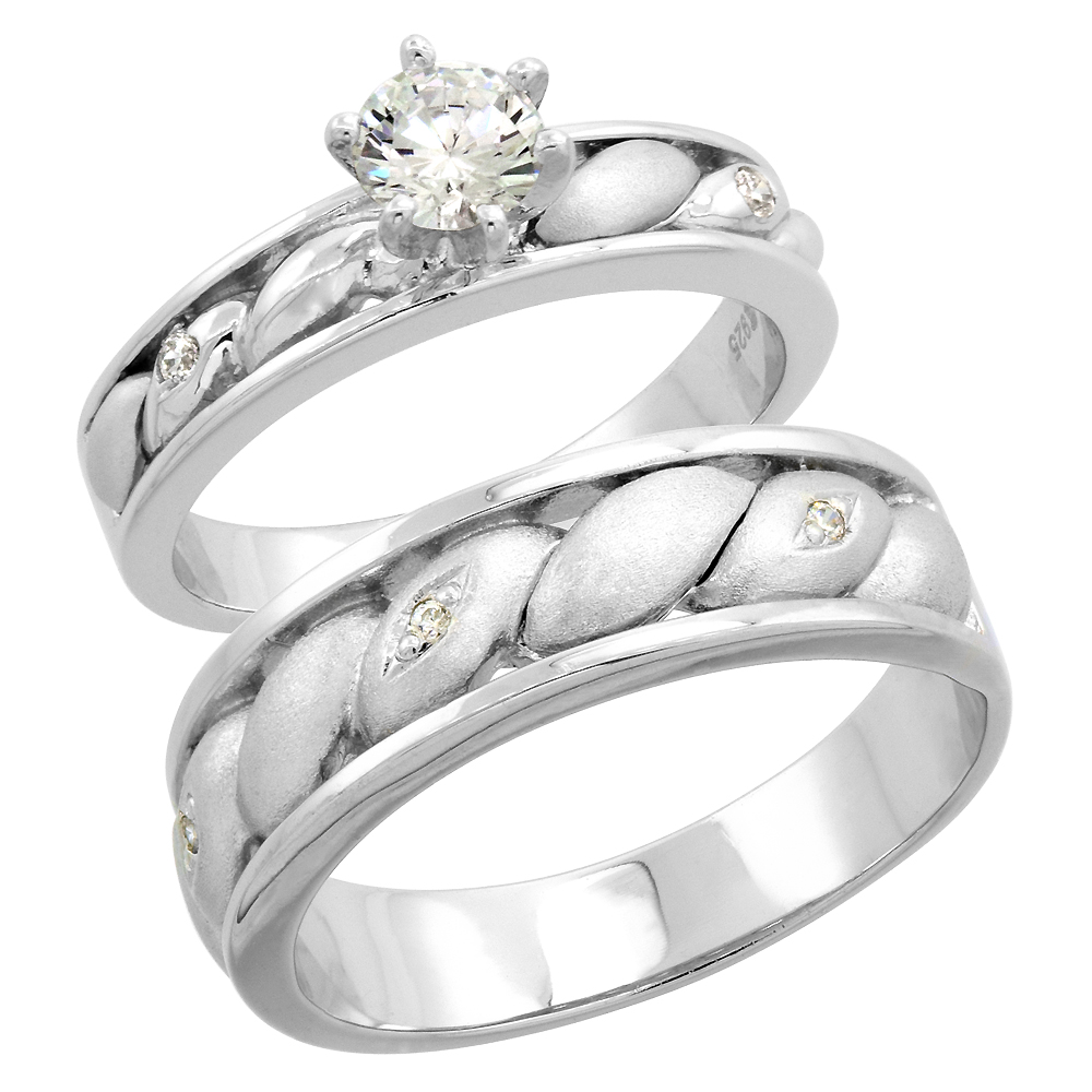 Sterling Silver Cubic Zirconia Engagement Rings Set for Him & Her Round, Brilliant Cut 1/4 inch wide, sizes L 5-10 M 8-14