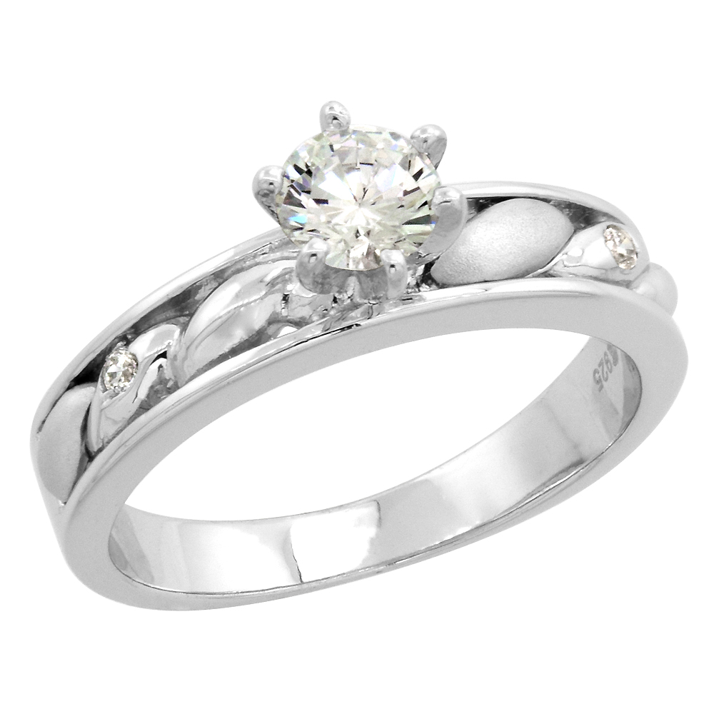 Sterling Silver Cubic Zirconia Solitaire Engagement Ring 1 ct size Brilliant Cut 5/32 inch wide