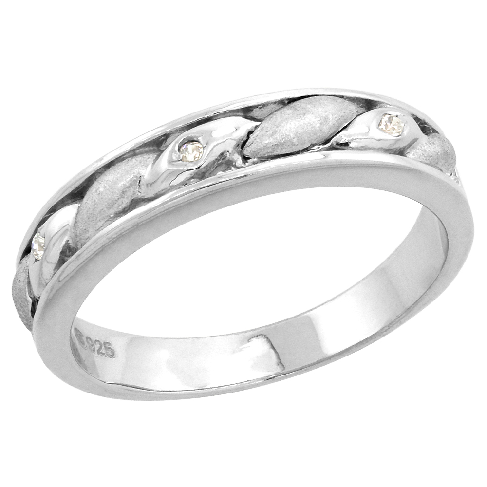 Sterling Silver Cubic Zirconia Ladies&#039; Wedding Band Ring, 5/32 inch wide