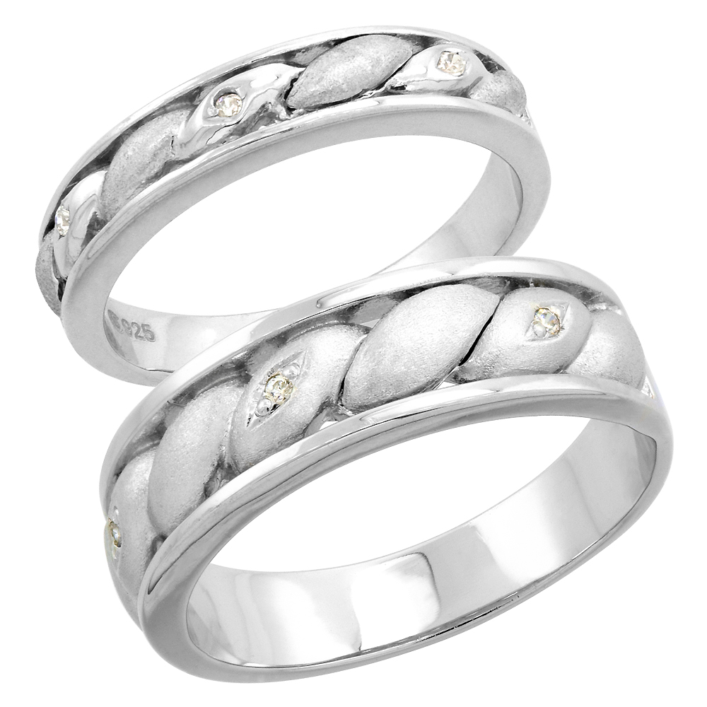 Sterling Silver Cubic Zirconia 2-Piece Wedding Ring Set for Him 6mm 1/4 inch wide & Her 4mm 5/32 inch wide, sizes L 5 - 10 & M 8