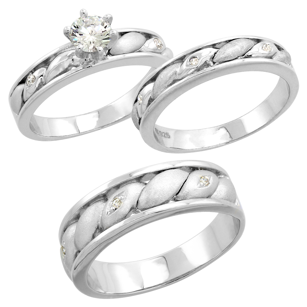 STERLING SILVER CUBIC ZIRCONIA TRIO ENGAGEMENT WEDDING RING SET FOR HIM AND HER, MEN'S BAND 1/4 INCH WIDE, L 5 - 10 & M 8 - 14