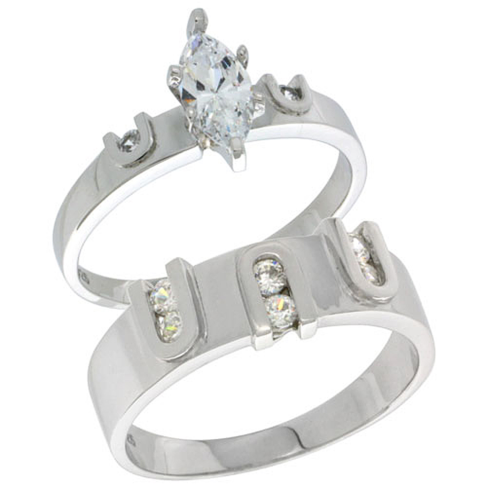 Sterling Silver Cubic Zirconia Engagement Rings Set for Him &amp; Her Marquise Cut 9/32 inch wide, sizes L 5-10 M 8-14