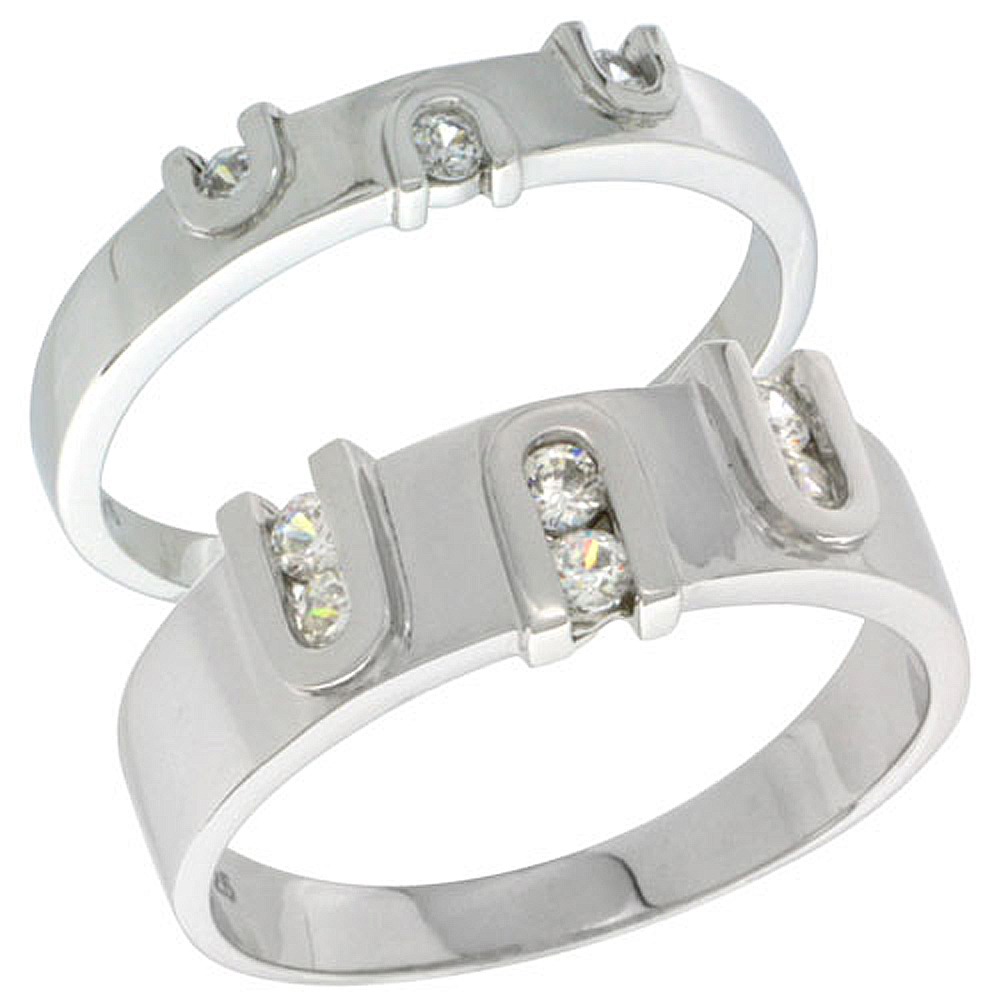 Sterling Silver Cubic Zirconia 2-Piece Wedding Ring Set for Him 7mm 9/32 inch wide & Her 4mm 5/32 inch wide, sizes L 5 - 10 & M 
