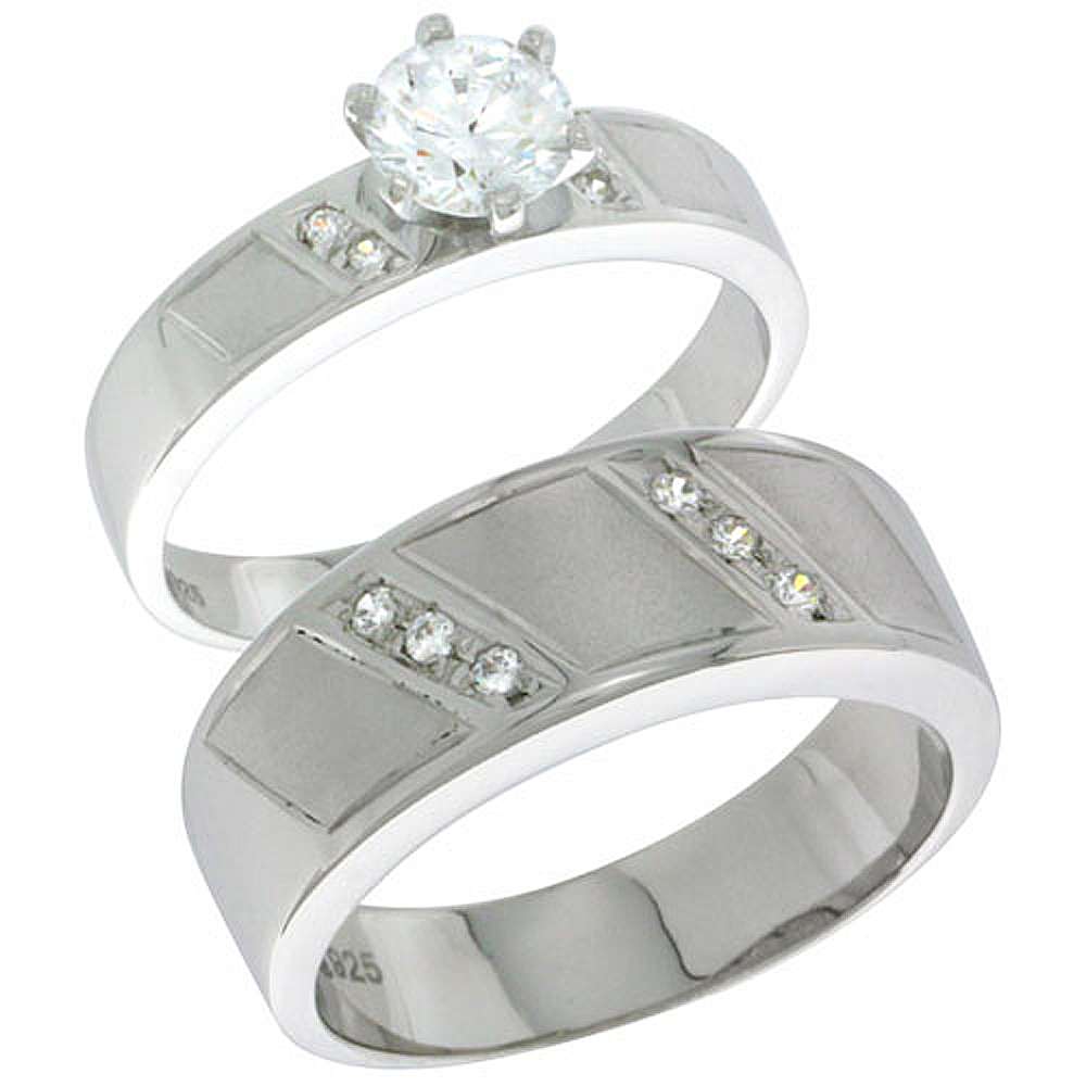 Sterling Silver Cubic Zirconia Engagement Rings Set for Him &amp; Her Brilliant Cut Solitaire 5/16 inch wide, sizes L 5-10 M 8-14