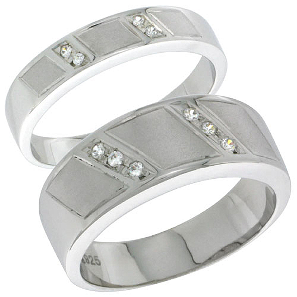 Sterling Silver Cubic Zirconia 2-Piece Wedding Ring Set for Him 8mm 5/16 inch wide &amp; Her 4mm 5/32 inch wide, sizes L 5 - 10 &amp; M 