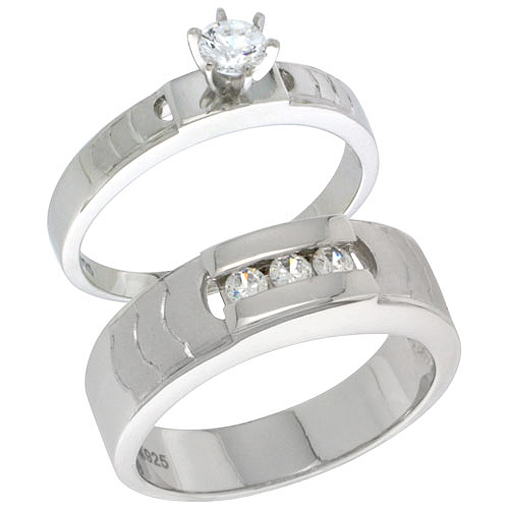 Sterling Silver Cubic Zirconia Engagement Rings Set for Him &amp; Her Brilliant Cut Solitaire 1/4 inch wide, sizes L 5-10 M 8-14