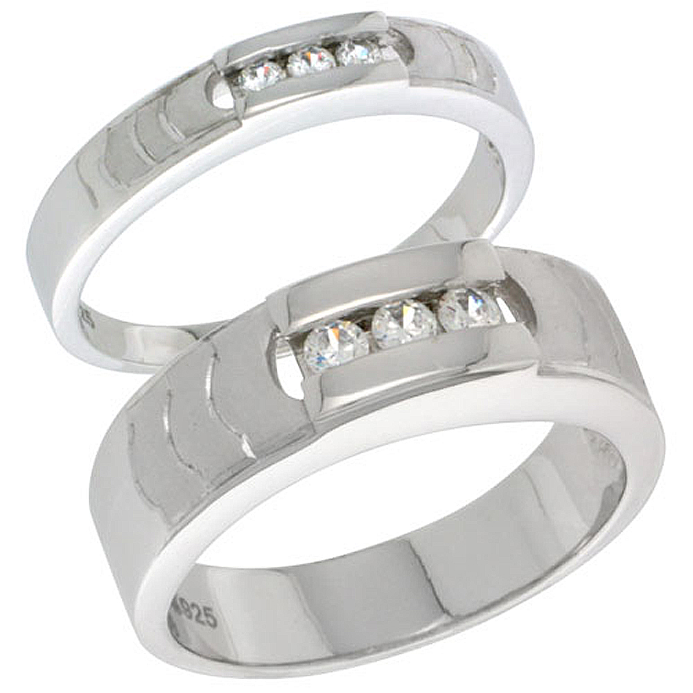 Sterling Silver Cubic Zirconia 2-Piece Wedding Ring Set for Him 6mm 1/4 inch wide & Her 4mm 5/32 inch wide, sizes L 5 - 10 & M 8
