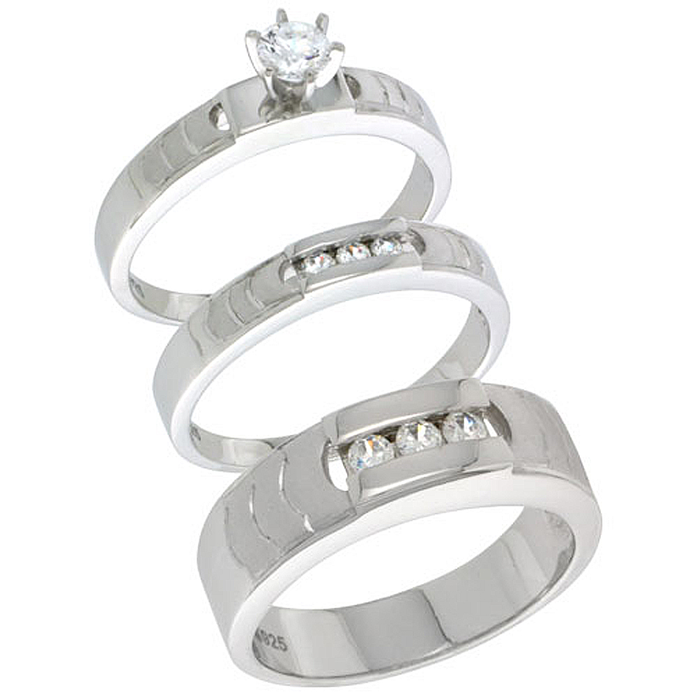 Sterling Silver Cubic Zirconia Trio Engagement Wedding Ring Set for Him and Her, men&#039;s band 1/4 inch wide, L 5 - 10 &amp; M 8 - 14