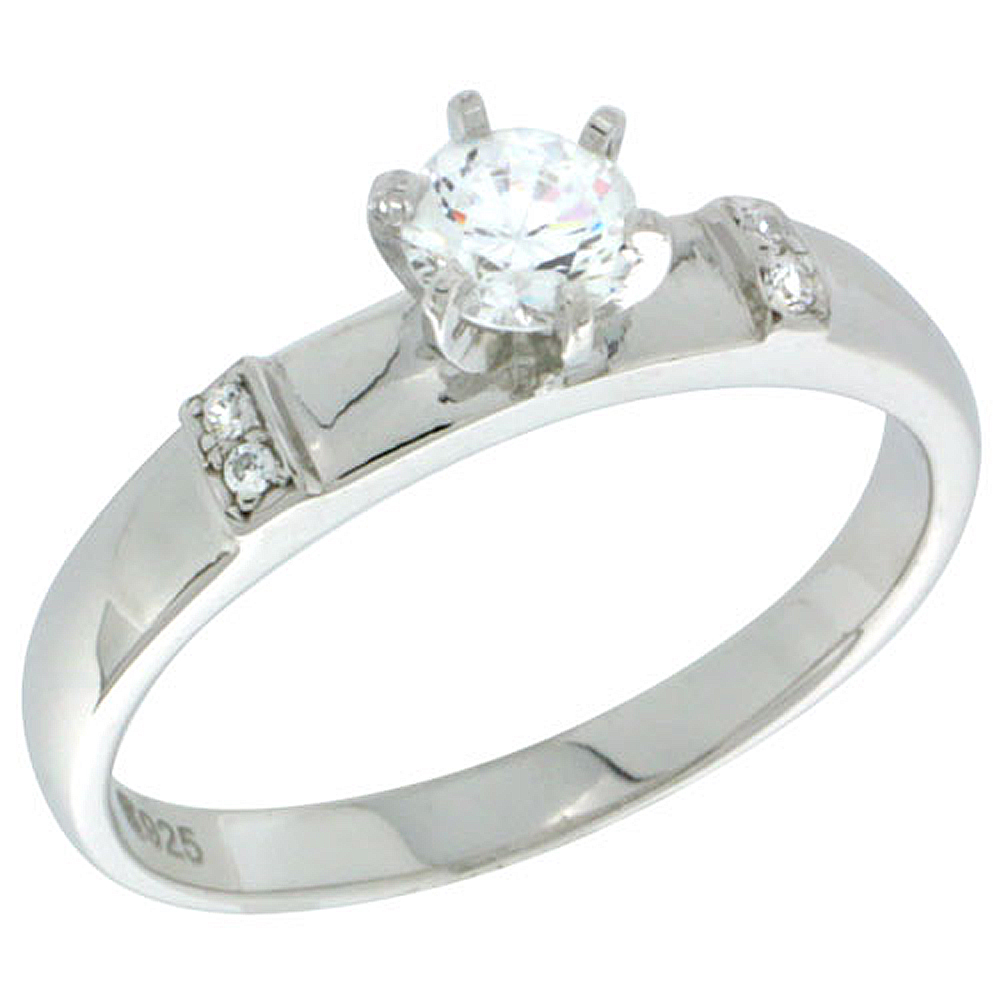 Sterling Silver Cubic Zirconia Solitaire Engagement Ring 0.65 ct size Brilliant Cut 5/32 inch wide