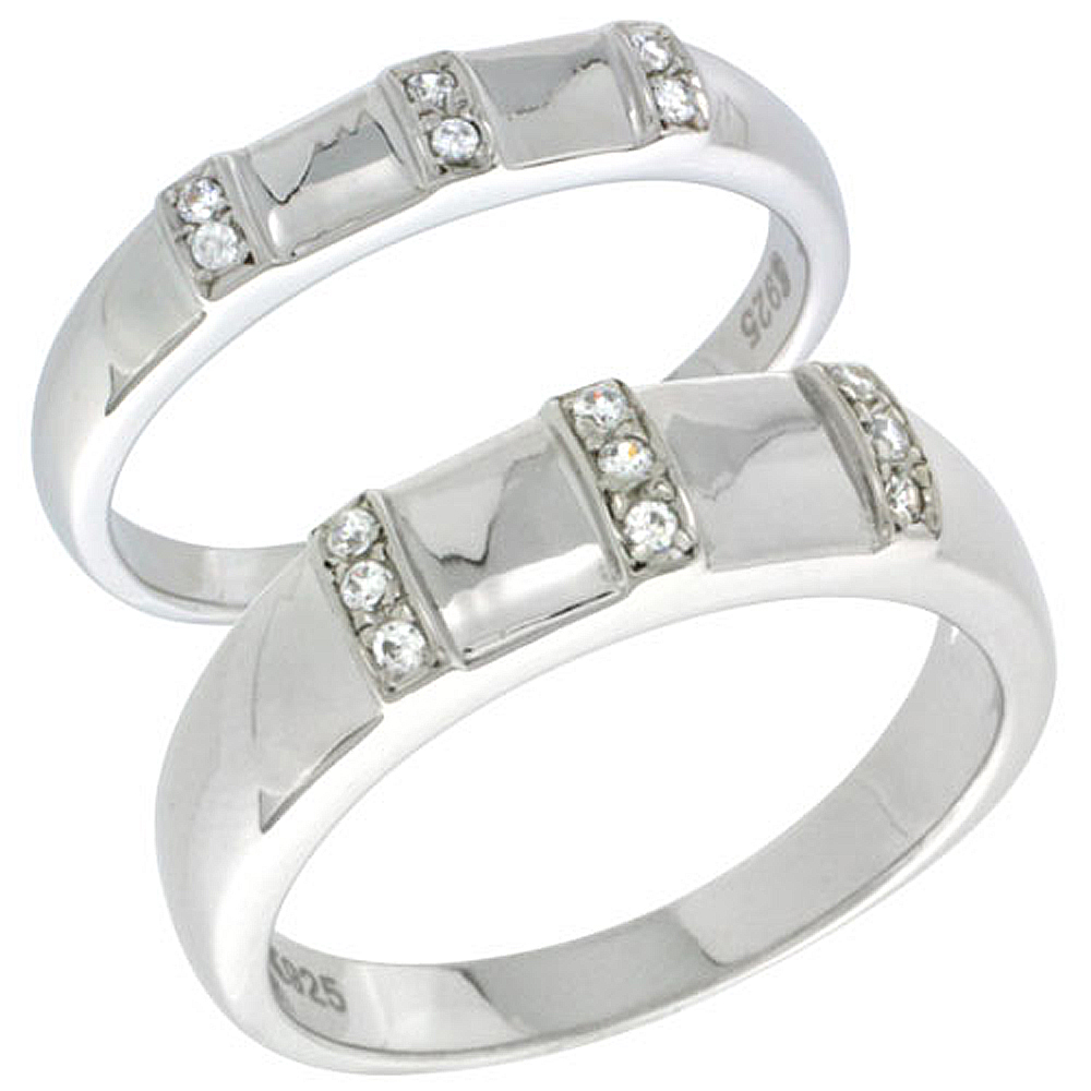Sterling Silver Cubic Zirconia 2-Piece Wedding Ring Set for Him 6mm 1/4 inch wide &amp; Her 4mm 5/32 inch wide, sizes L 5 - 10 &amp; M 8
