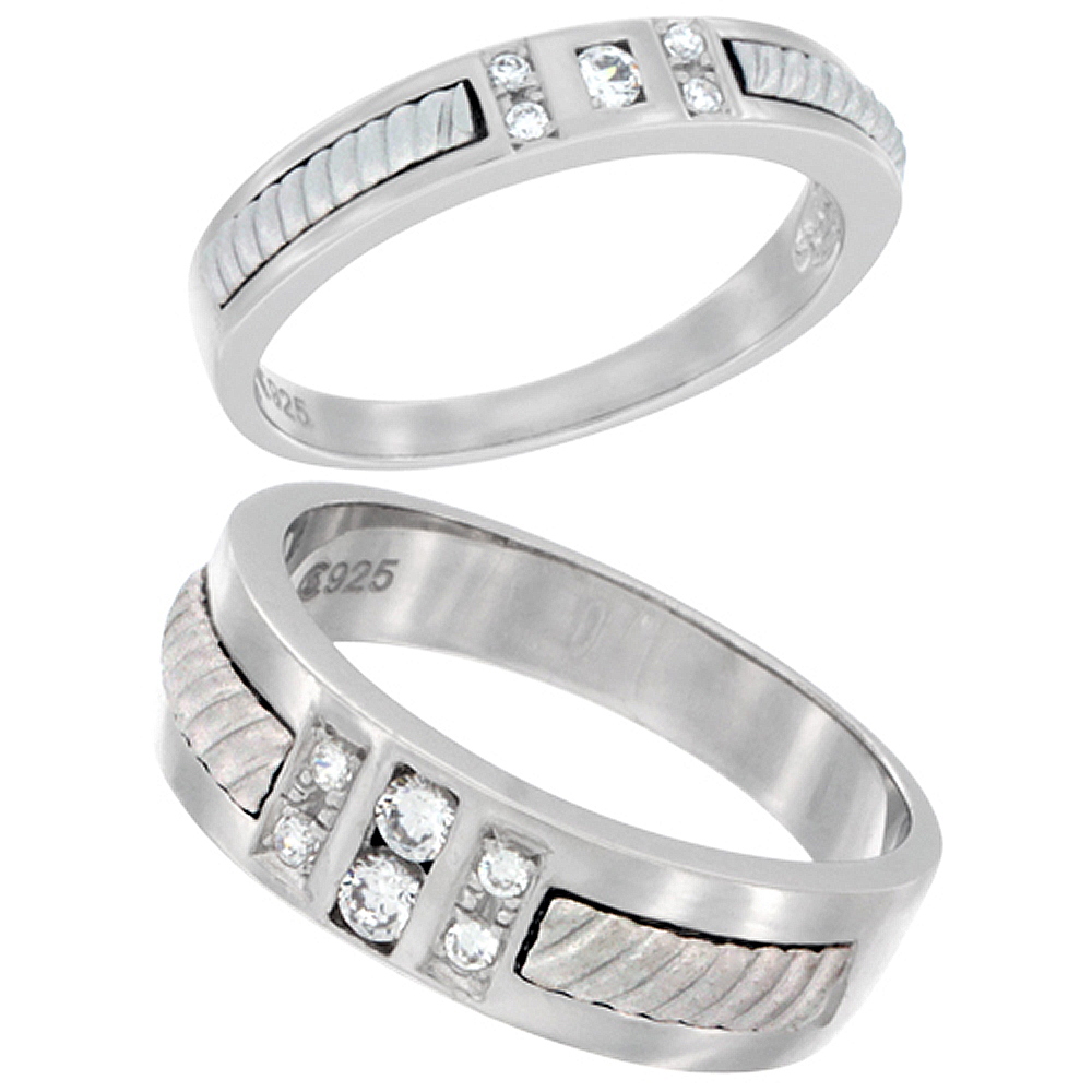 Sterling Silver Cubic Zirconia Wedding Band Ring 2-Piece Set 7 mm Him & Hers 4 mm Rope Design, sizes M 8-14 L 5-10