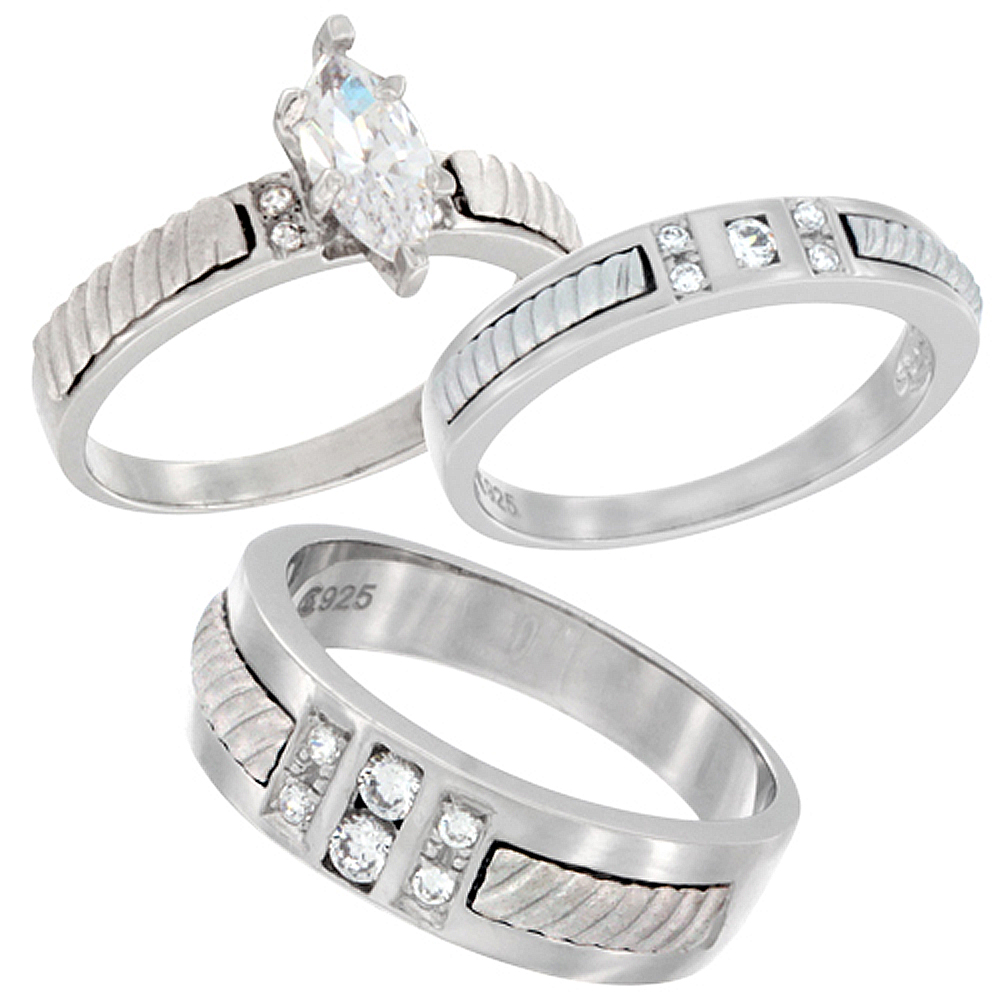 Sterling Silver Cubic Zirconia Trio Engagement Wedding Ring Set for 7 mm Him and Hers 4 mm Rope Design, L 5 - 10 & M 8 - 14