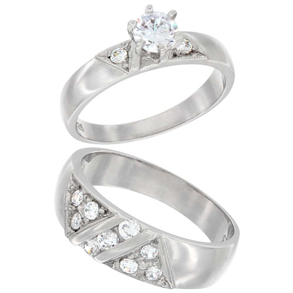 Sterling Silver Cubic Zirconia Engagement Rings Set for 7 mm Him & Hers 6 mm Triangle Design, L 5 - 10 & M 8 - 14 
