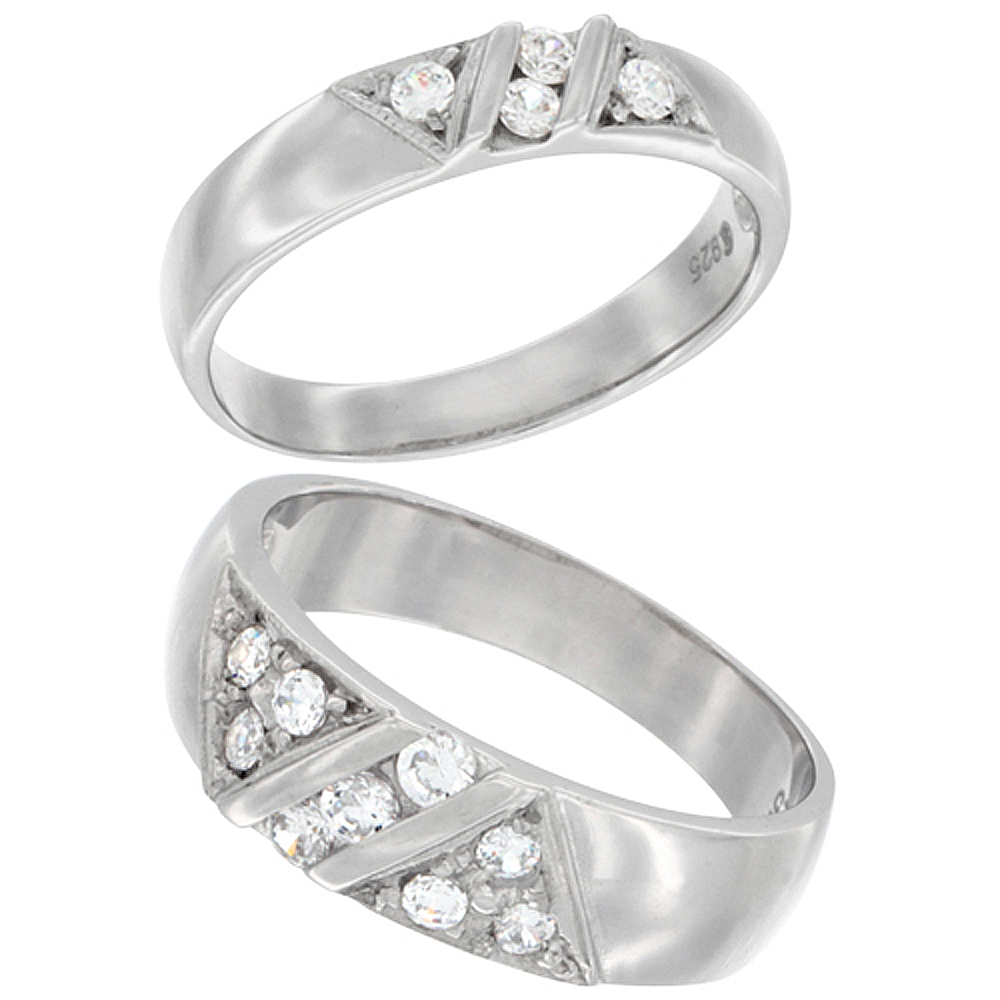 Sterling Silver Cubic Zirconia Wedding Band Ring 2-Piece Set 7 mm Him & Hers 4 mm Triangle Design, sizes M 8-14 L 5-10