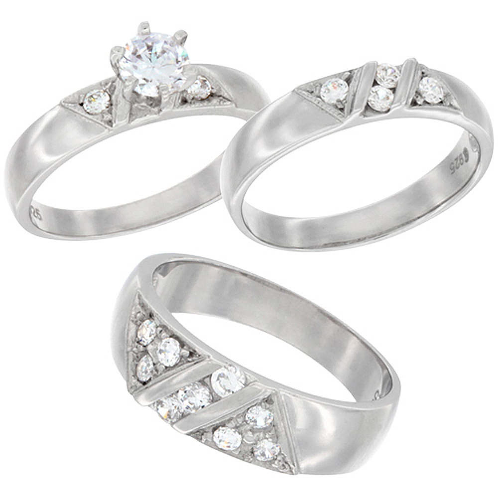 Sterling Silver Cubic Zirconia Trio Engagement Wedding Ring Set for 7 mm Him and Hers 4 mm Triangle Design, L 5 - 10 & M 8 - 14