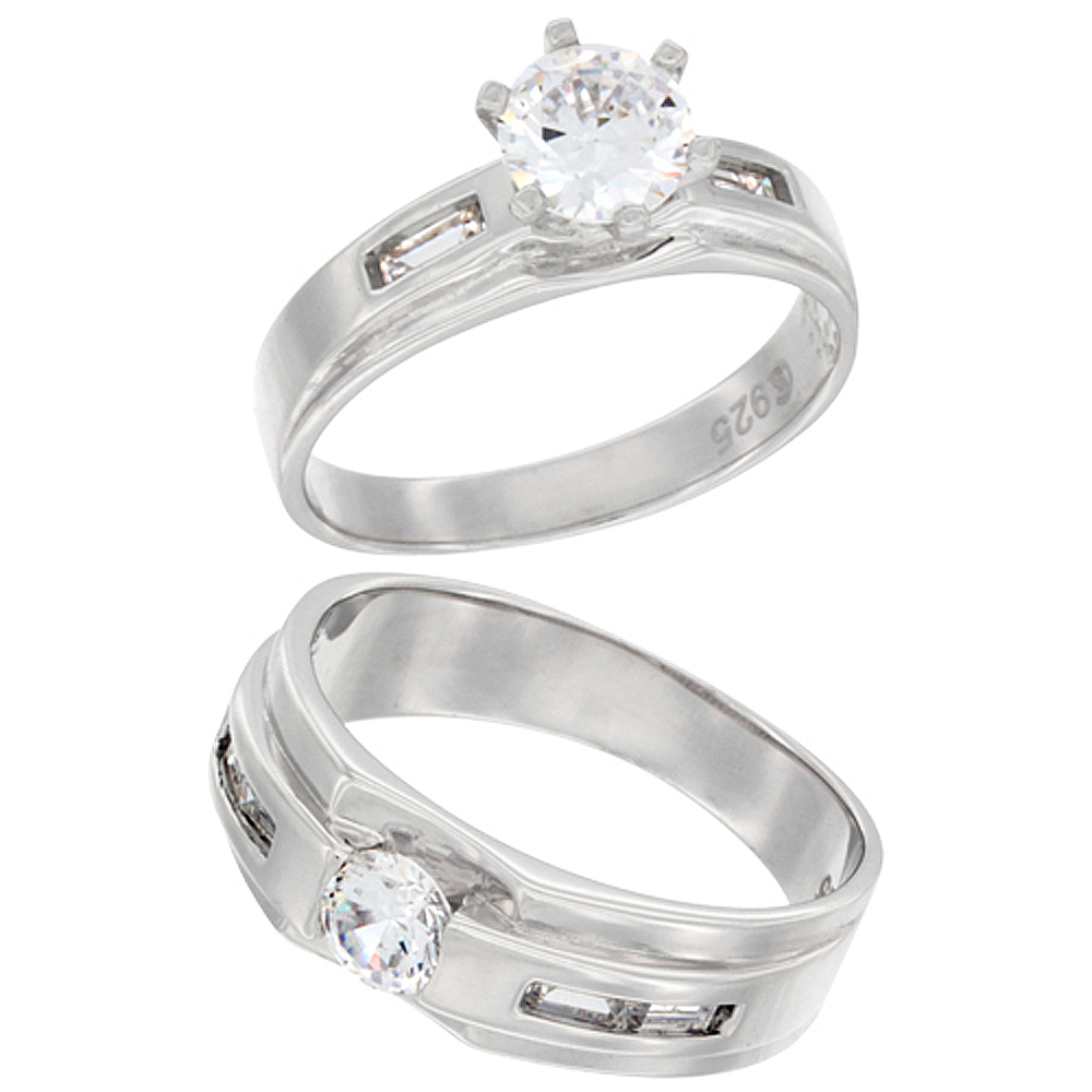 Sterling Silver Cubic Zirconia Engagement Rings Set for 7 mm Him & Hers Rectangular Design, L 5 - 10 & M 8 - 14 