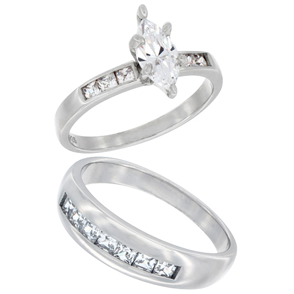 Sterling Silver Cubic Zirconia Engagement Rings Set for 6 mm Him &amp; Hers 11 mm Classic Channel Design, L 5 - 10 &amp; M 8 - 14 
