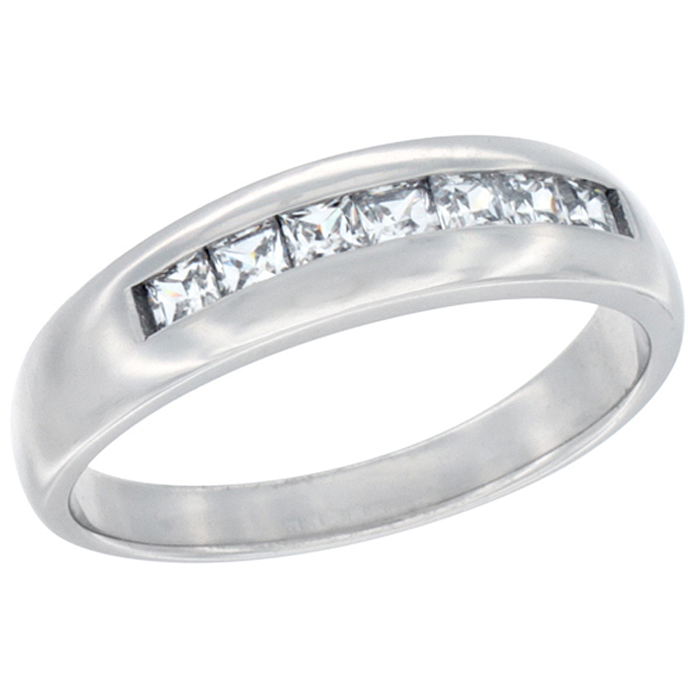 Sterling Silver Cubic Zirconia Men's Wedding Band Ring Classic Channel Design, 1/4 inch wide, sizes 8 to 14