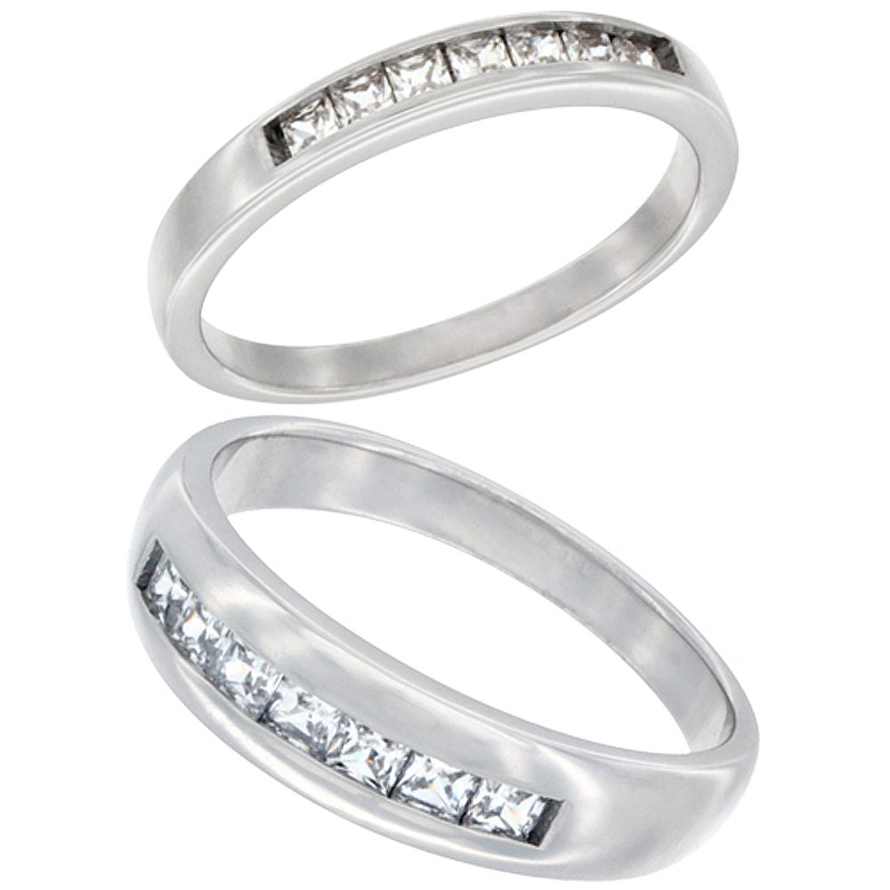 Sterling Silver Cubic Zirconia Wedding Band Ring 2-Piece Set 6 mm Him &amp; Hers 3 mm Classic Channel Design, sizes M 8-14 L 5-10
