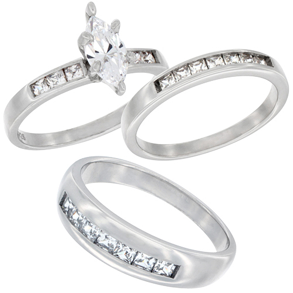 Sterling Silver Cubic Zirconia Trio Engagement Wedding Ring Set for 6 mm Him and Hers 3 mm Classic Channel Design, L 5 - 10 & M 