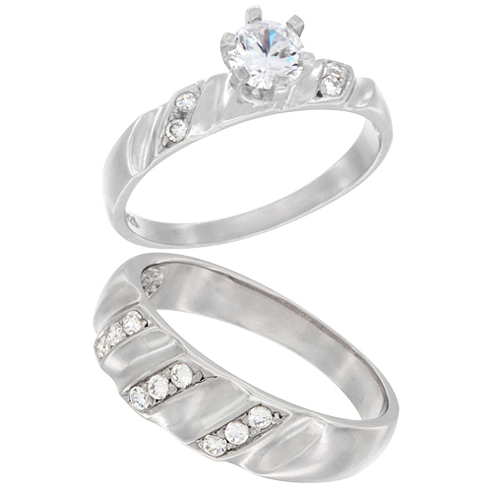 Sterling Silver Cubic Zirconia Engagement Rings Set for 6 mm Him & Hers Vertical Stripes Design, L 5 - 10 & M 8 - 14 