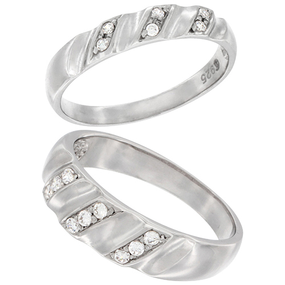 Sterling Silver Cubic Zirconia Wedding Band Ring 2-Piece Set 6 mm Him & Hers 4 mm Vertical Stripes Design, sizes M 8-14 L 5-10