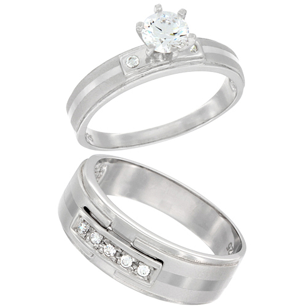 Sterling Silver Cubic Zirconia Engagement Rings Set for 7 mm Him & Hers 6 mm Center Stripe, L 5 - 10 & M 8 - 14 